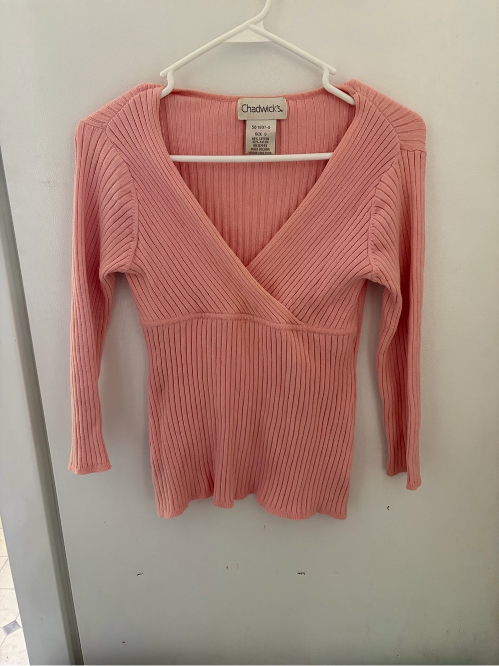 Y2K Chadwicks Soft Pink Ribbed Wrap V-Neck Sweater